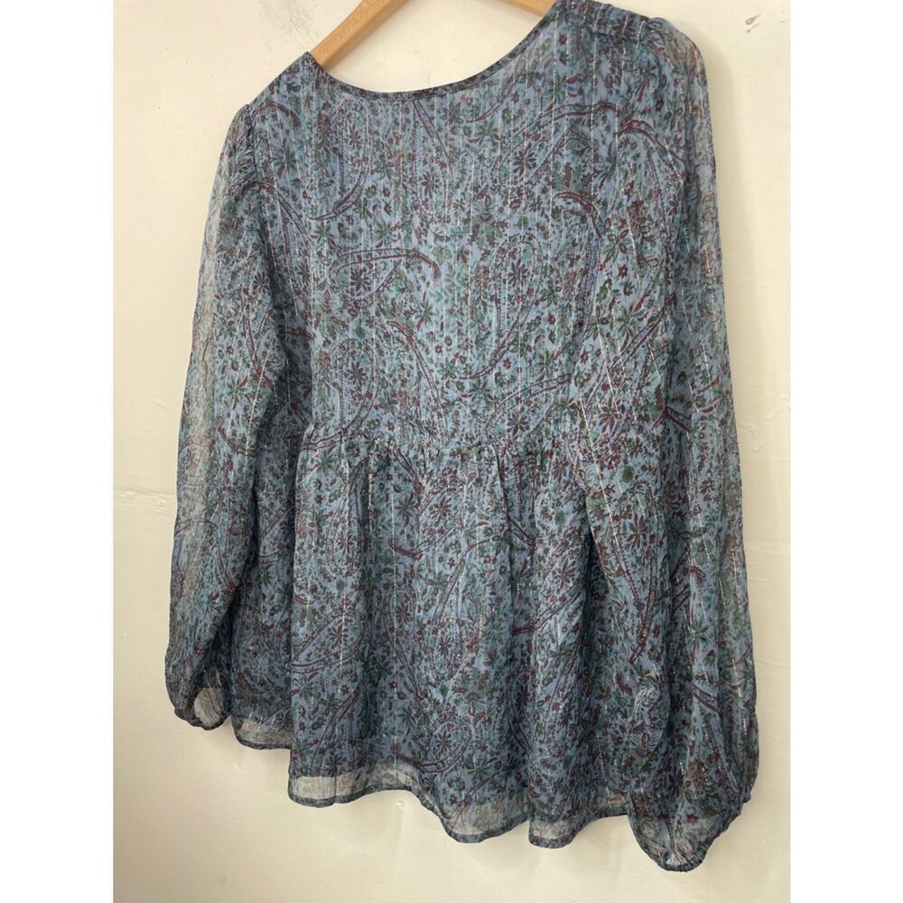 Lucky Brand Teal Blue Paisley V-Neck Long Sleeve Blouse peasant boho size Large - Picture 14 of 16